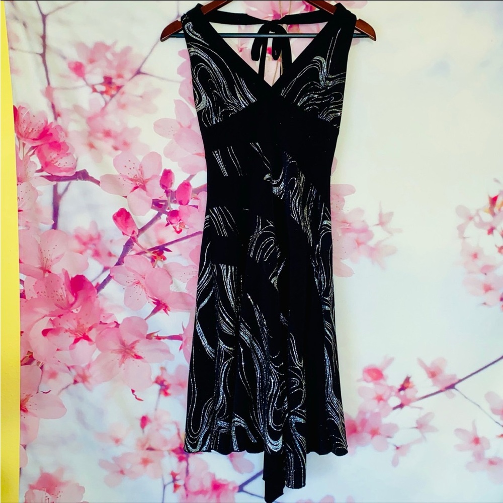 La Belle sparkly shimmering glitter flowy black silver halter cocktail dress M